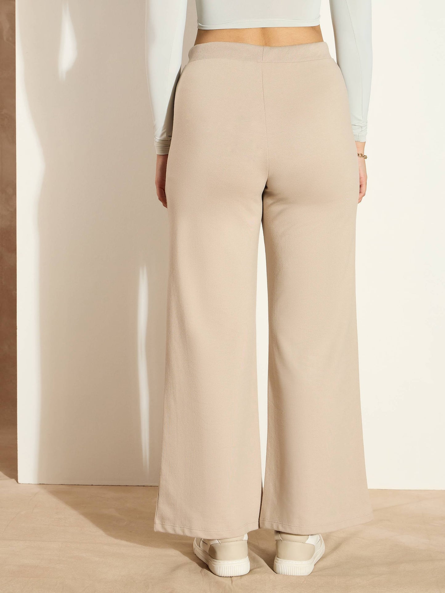 Women Taupe Terry Wide Leg Drawstring Pants