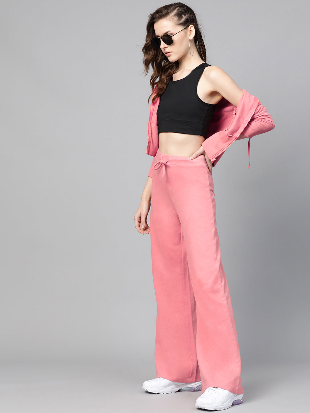 Women Pink Terry Wide Leg Drawstring Pants