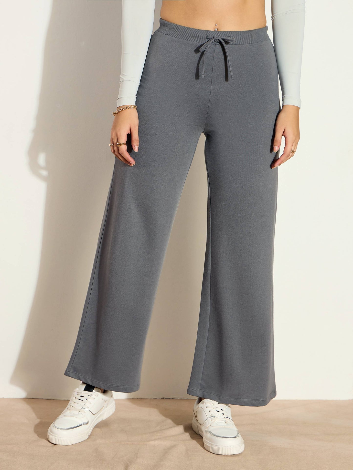 Women Dark Grey Terry Wide Leg Drawstring Pants