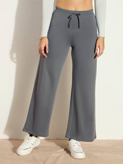 Women Dark Grey Terry Wide Leg Drawstring Pants