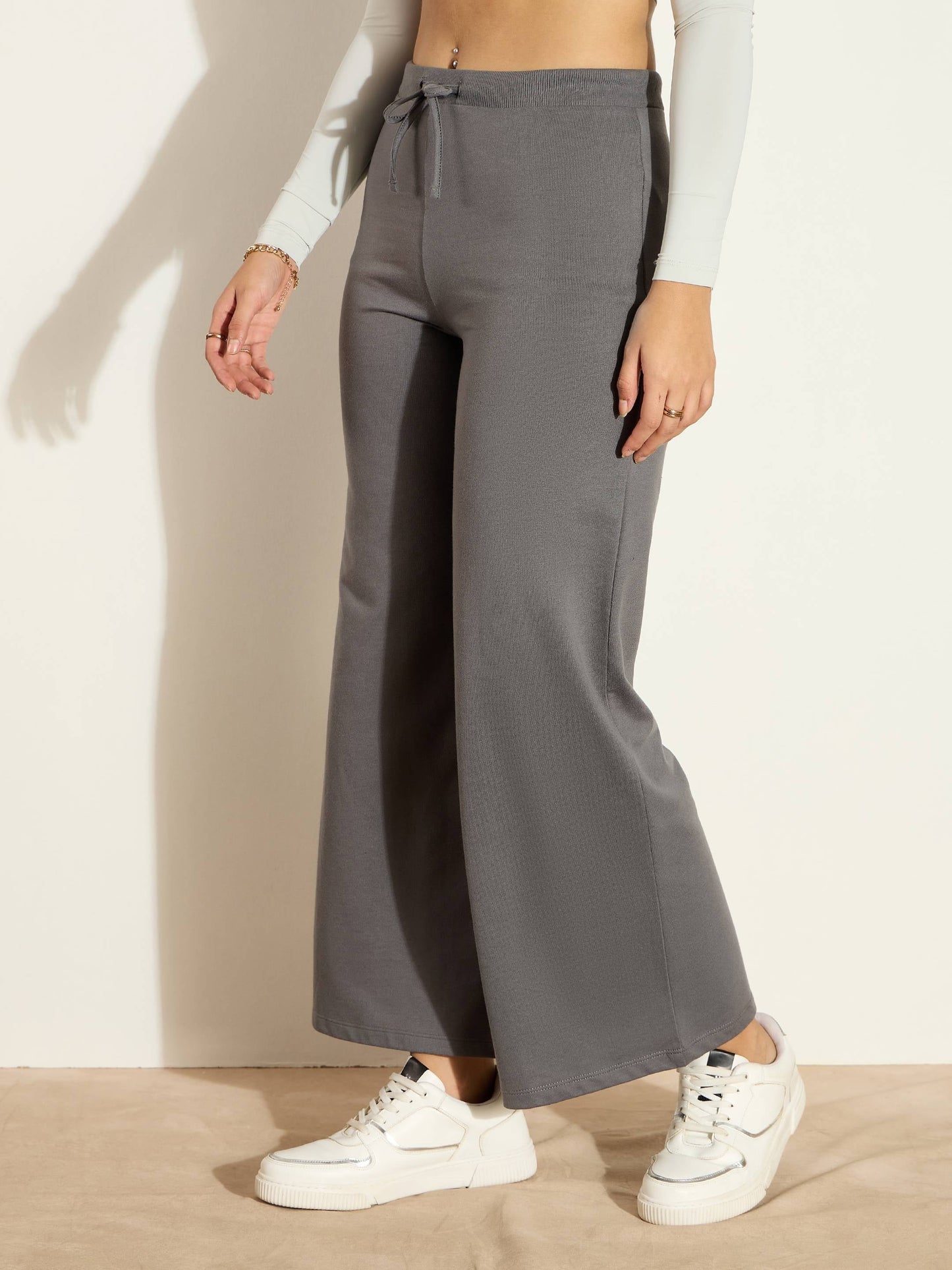 Women Dark Grey Terry Wide Leg Drawstring Pants