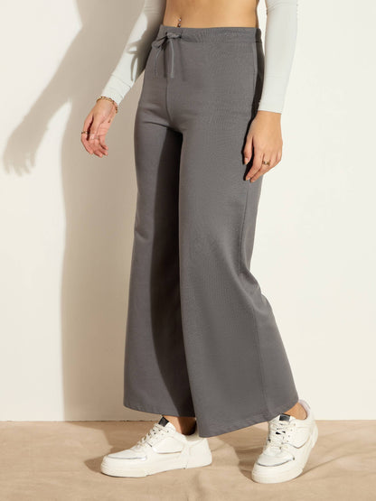 Women Dark Grey Terry Wide Leg Drawstring Pants