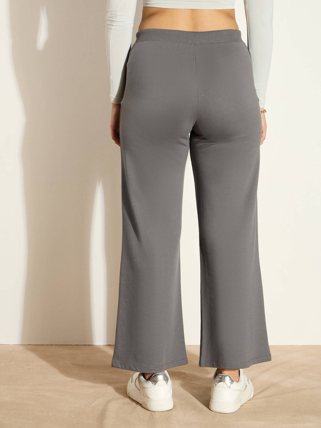 Women Dark Grey Terry Wide Leg Drawstring Pants