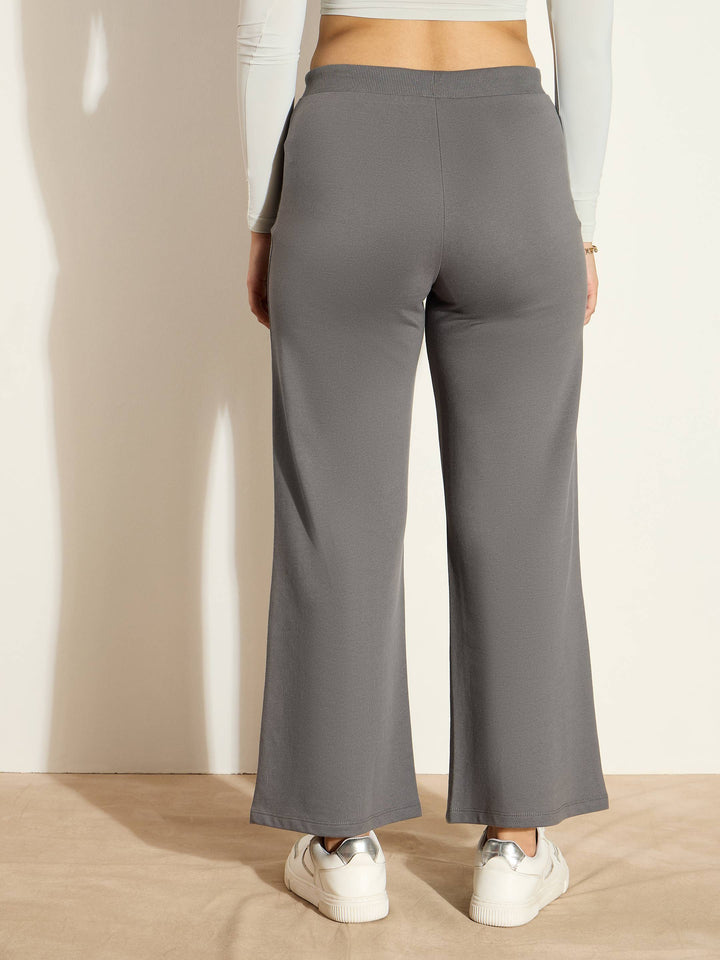 Women Dark Grey Terry Wide Leg Drawstring Pants