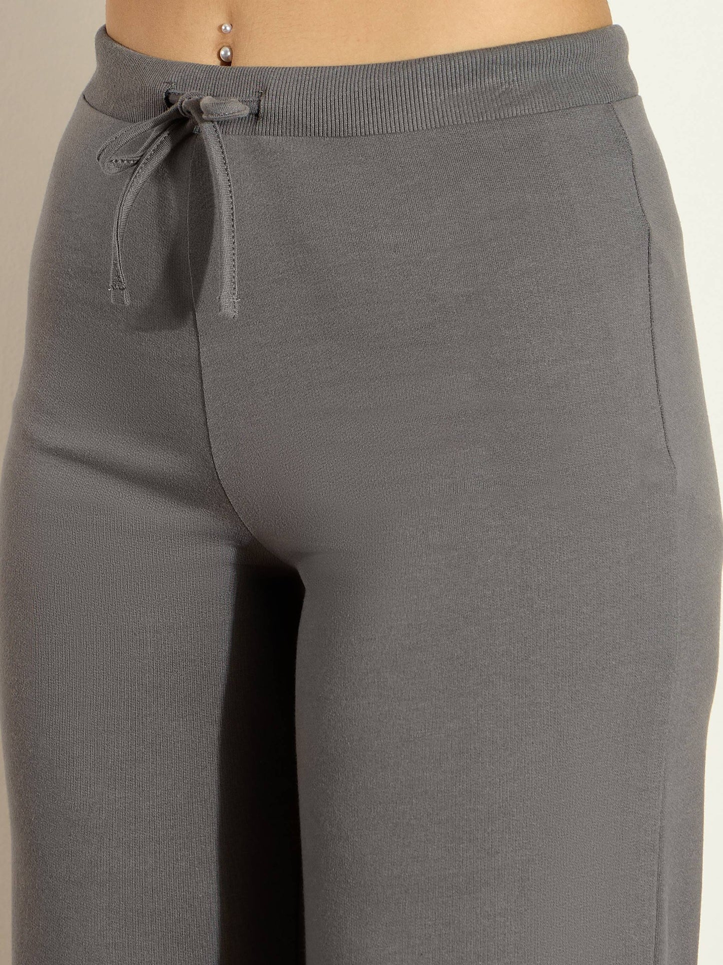 Women Dark Grey Terry Wide Leg Drawstring Pants