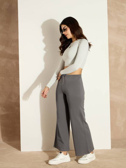 Women Dark Grey Terry Wide Leg Drawstring Pants