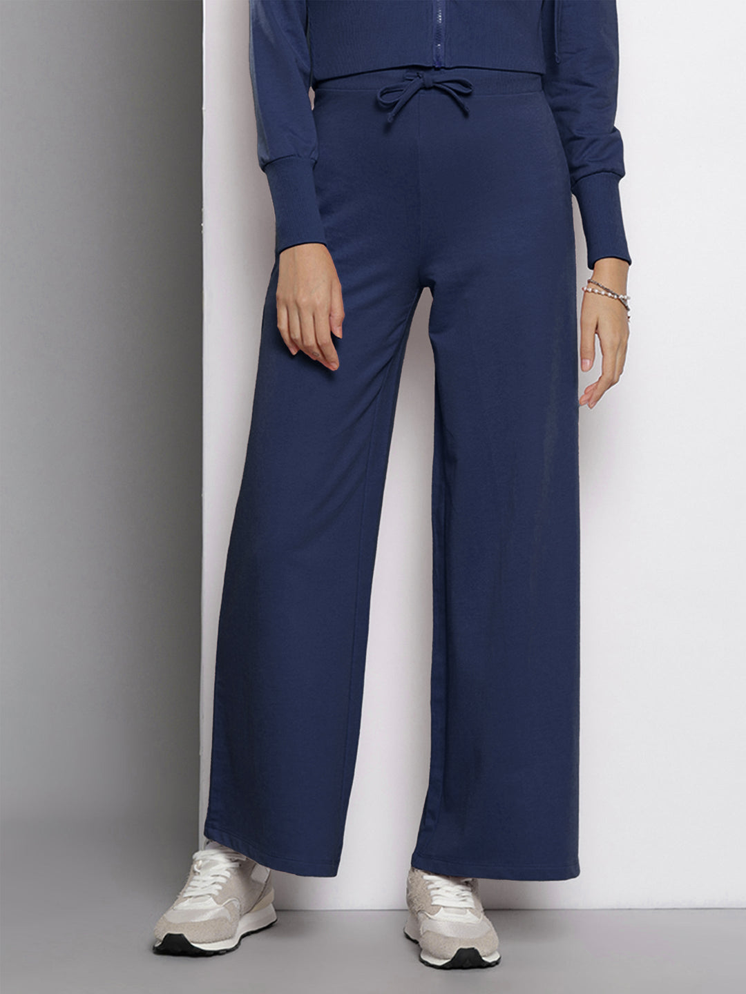 Women's Women Navy Blue Terry Wide Leg Drawstring Pants in Cotton by Sassafras for wholesale, bulk, supplier, manufacturer and wholesaler buyers from Trendphoria