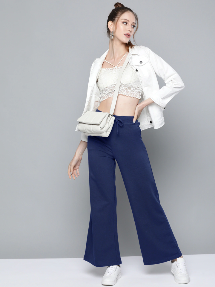 Women Navy Terry Wide Leg Drawstring Pants