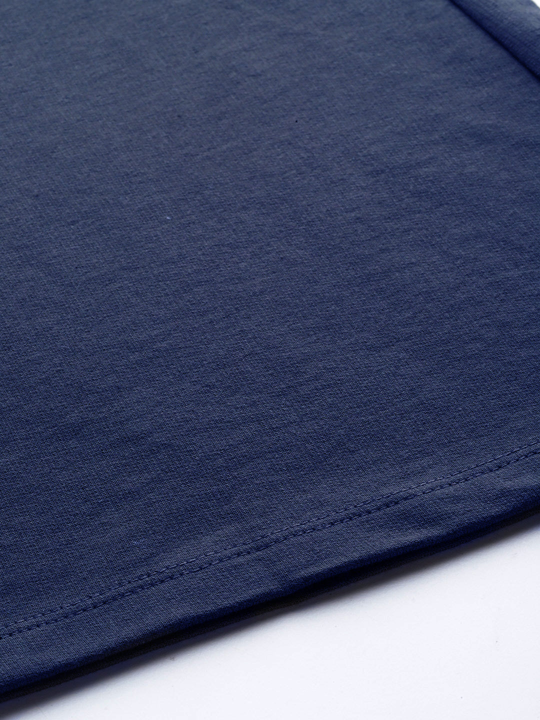 Women Navy Blue Terry Wide Leg Drawstring Pants