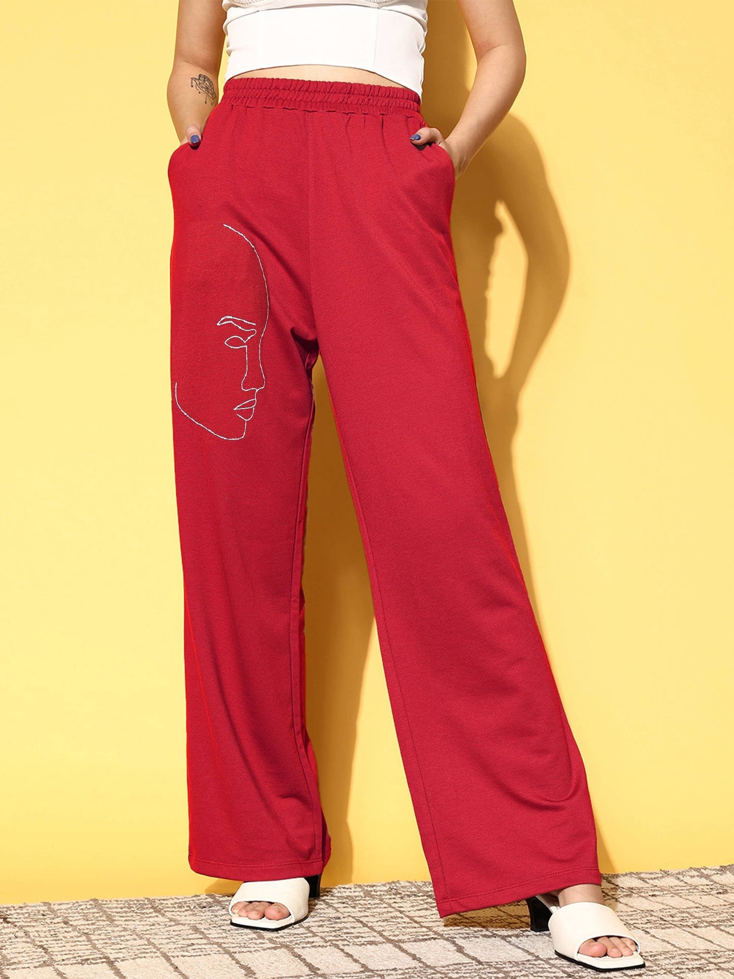 Women Red Terry Line Art Track Pants