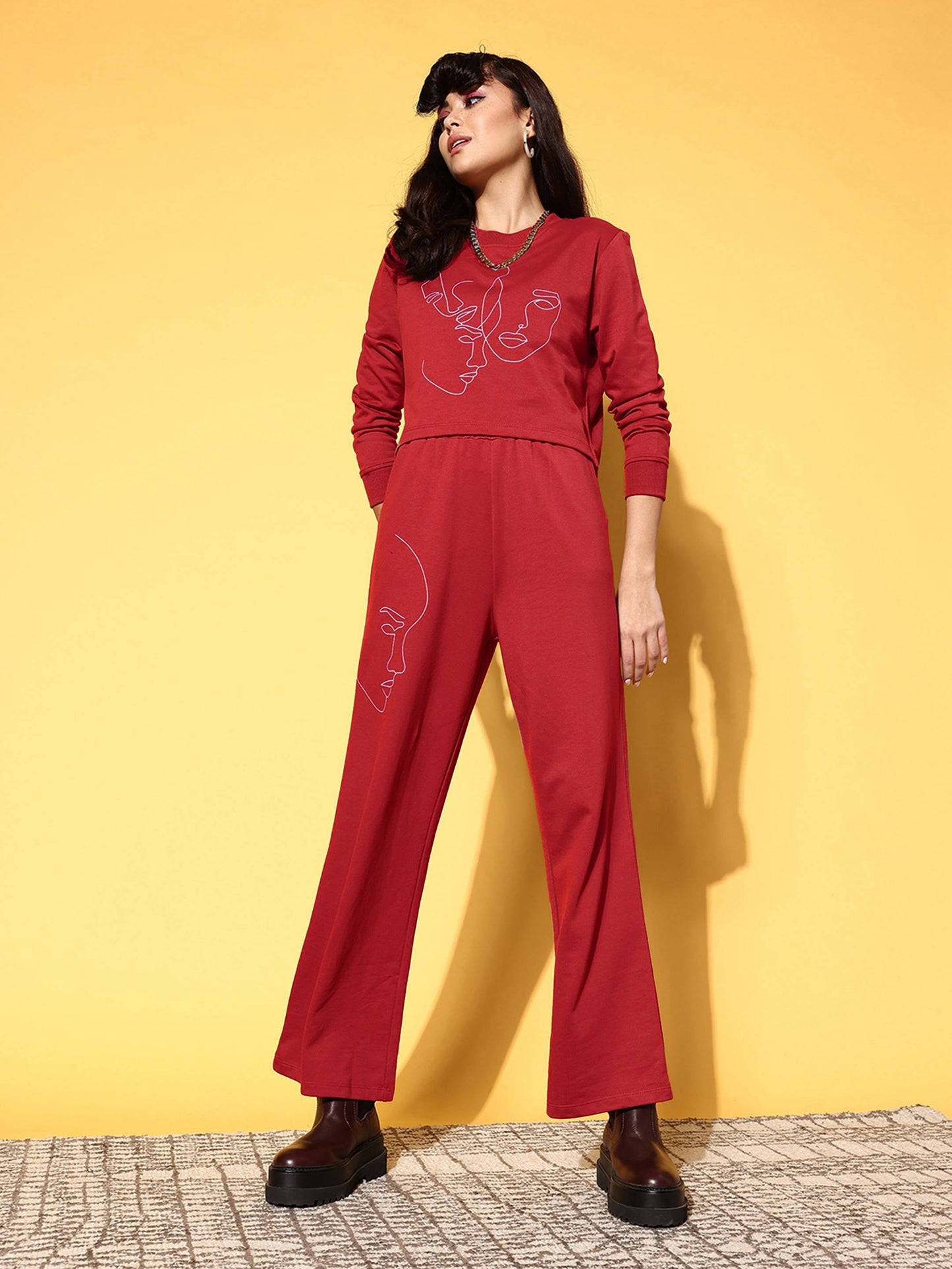 Women Red Terry Line Art Track Pants