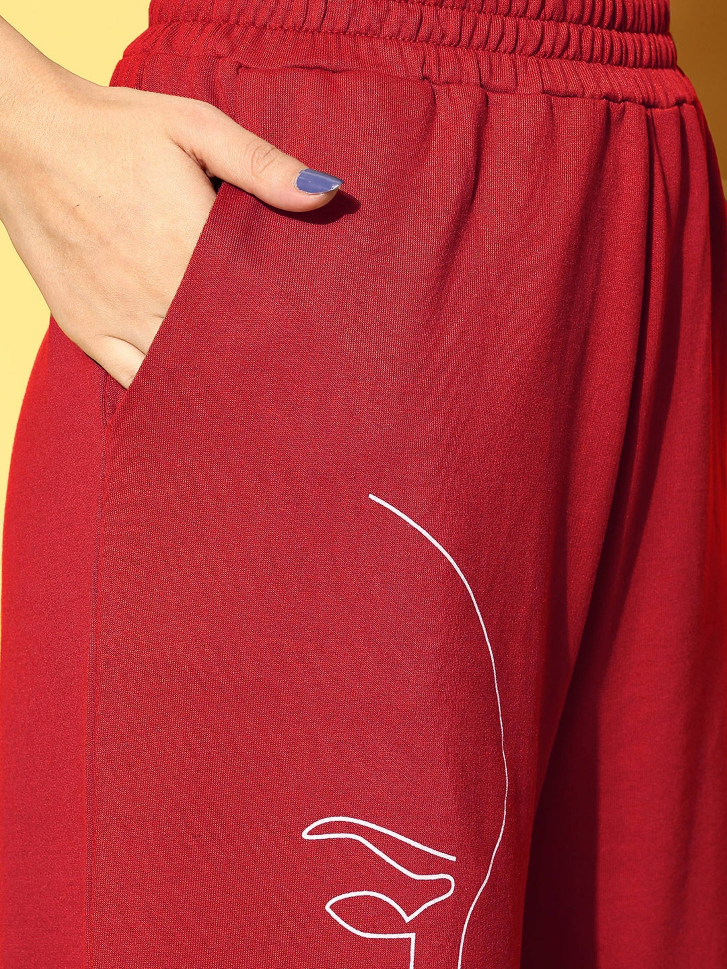 Women Red Terry Line Art Track Pants