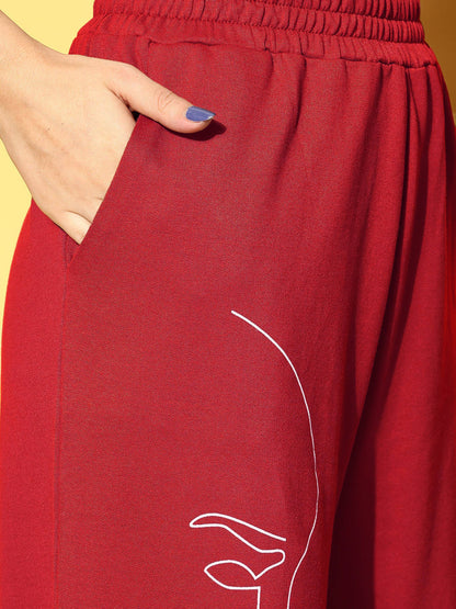 Women Red Terry Line Art Track Pants
