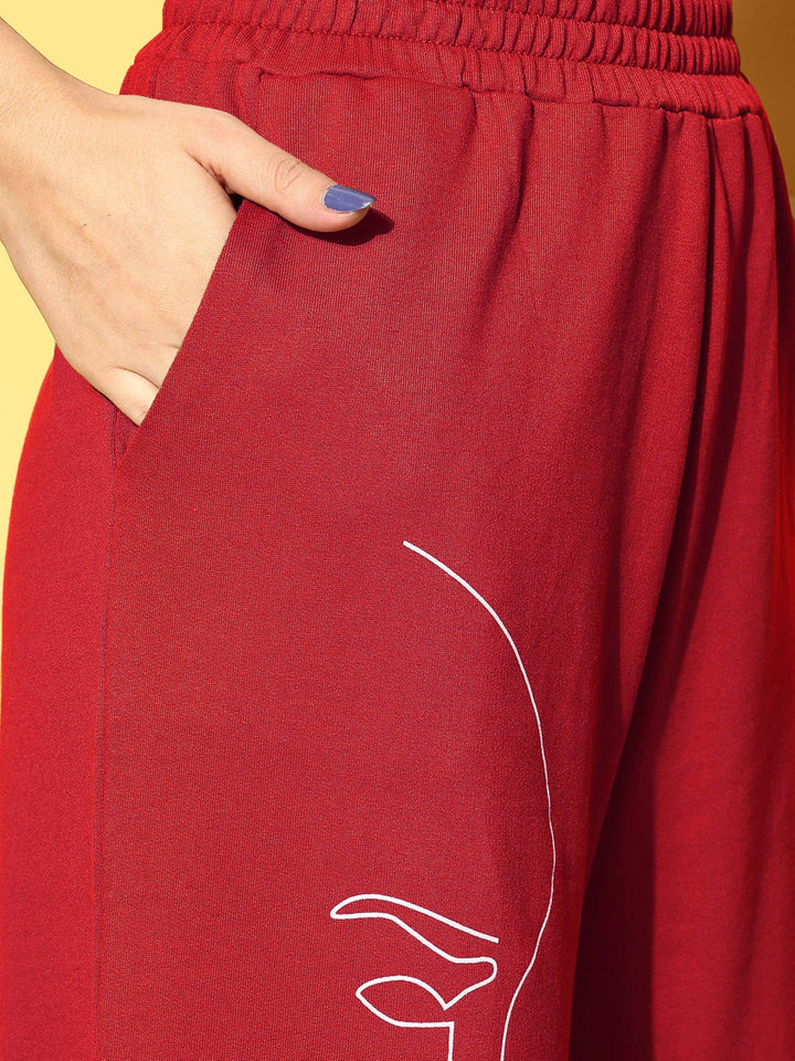 Women Red Terry Line Art Track Pants