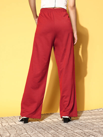 Women Red Terry Line Art Track Pants