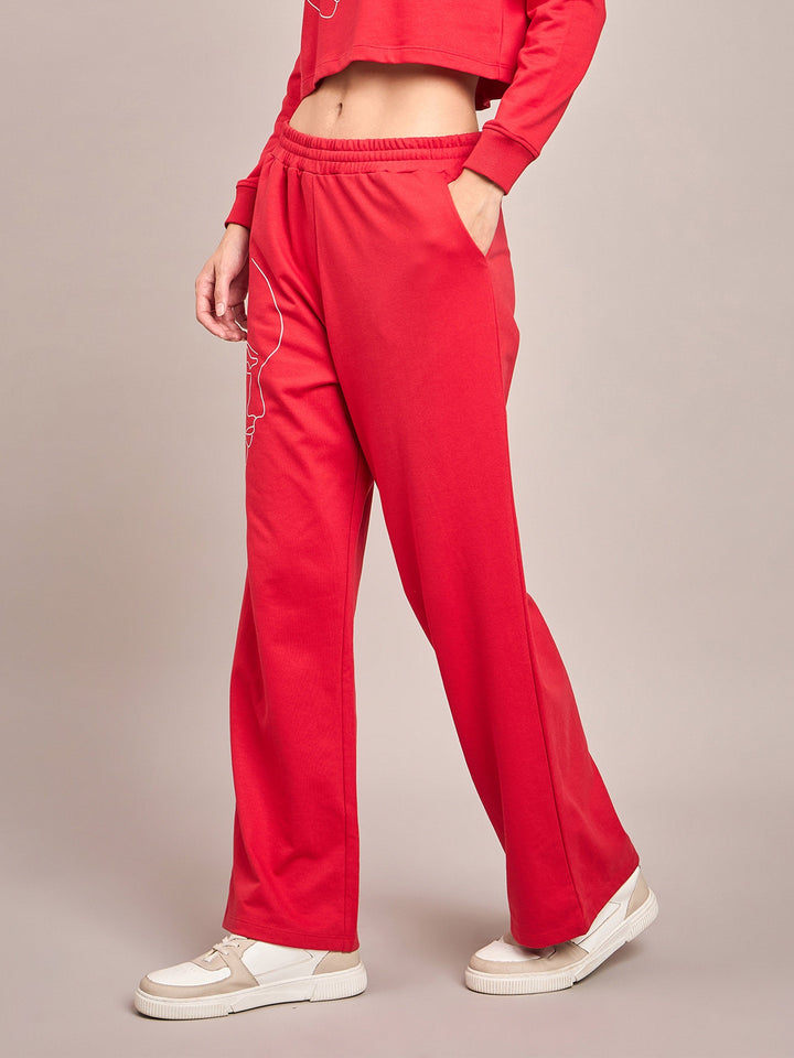 Women Red Terry Line Art Track Pants