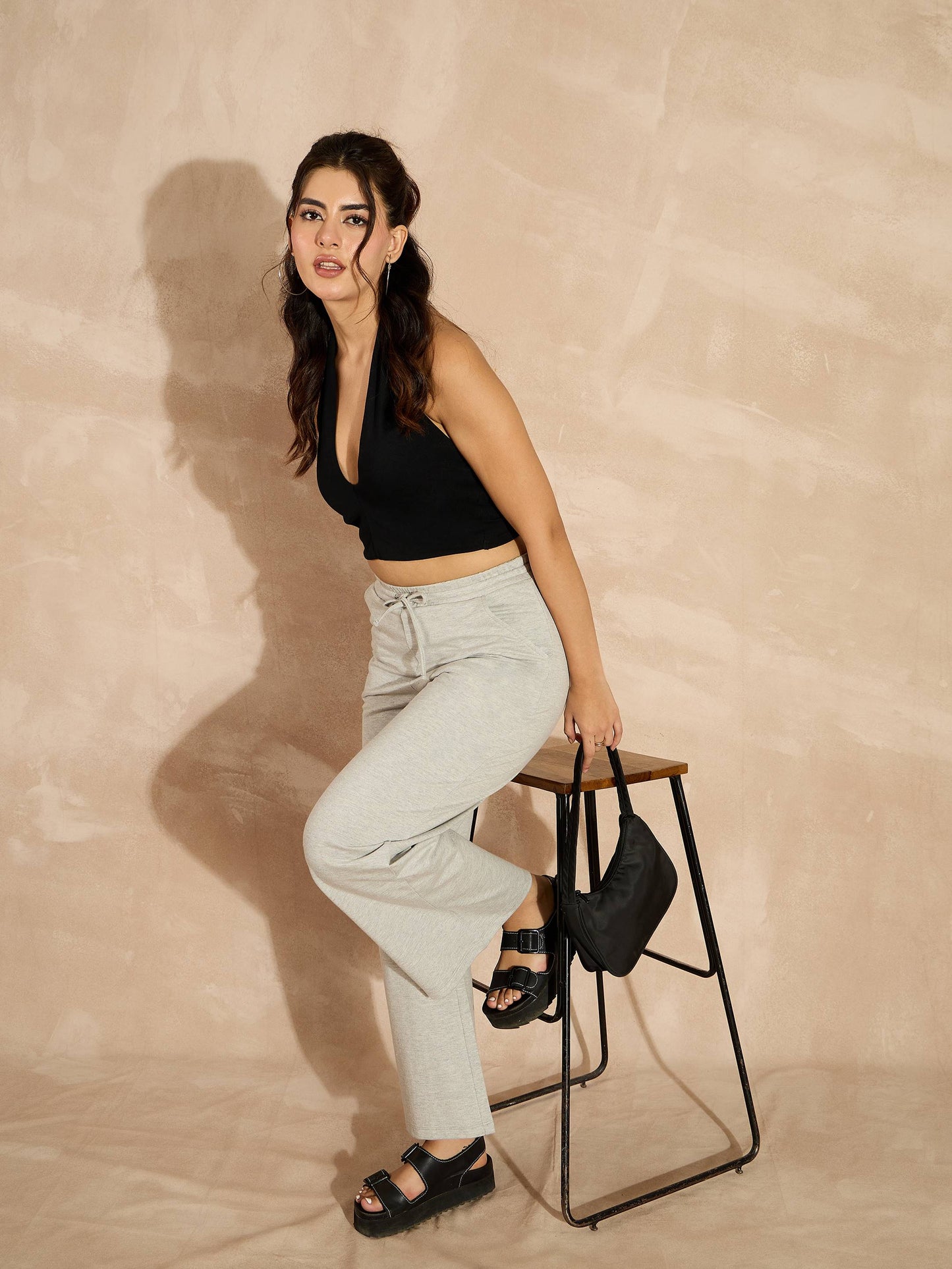 Women Grey Melange Terry Track Pants