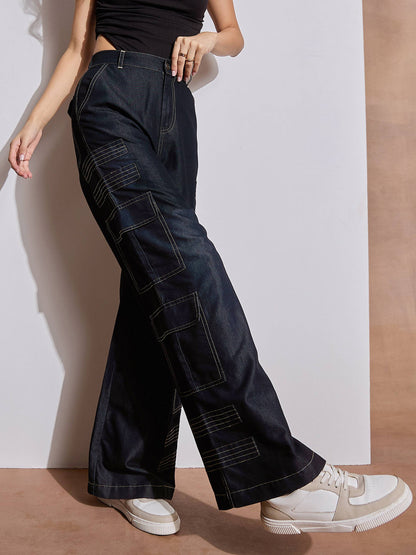 Black Tencel Contrast Stitch Cargo Pants