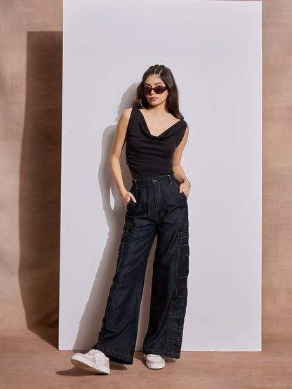 Black Tencel Contrast Stitch Cargo Pants