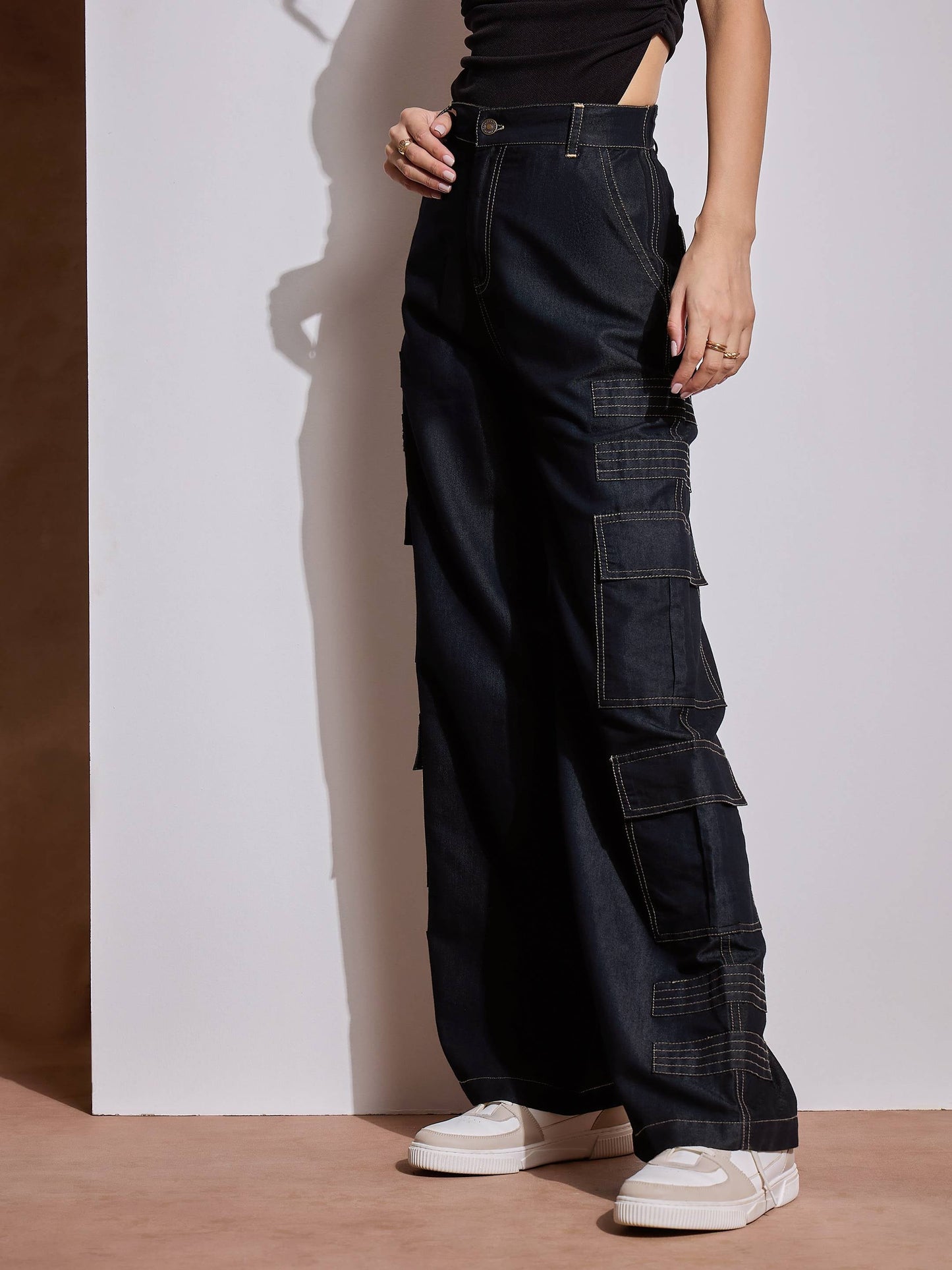 Black Tencel Contrast Stitch Cargo Pants