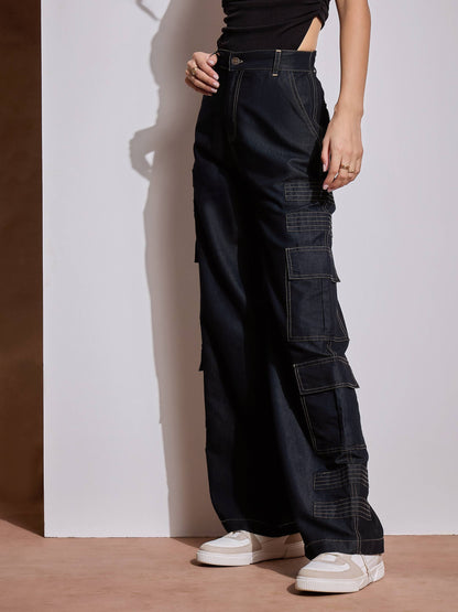 Black Tencel Contrast Stitch Cargo Pants