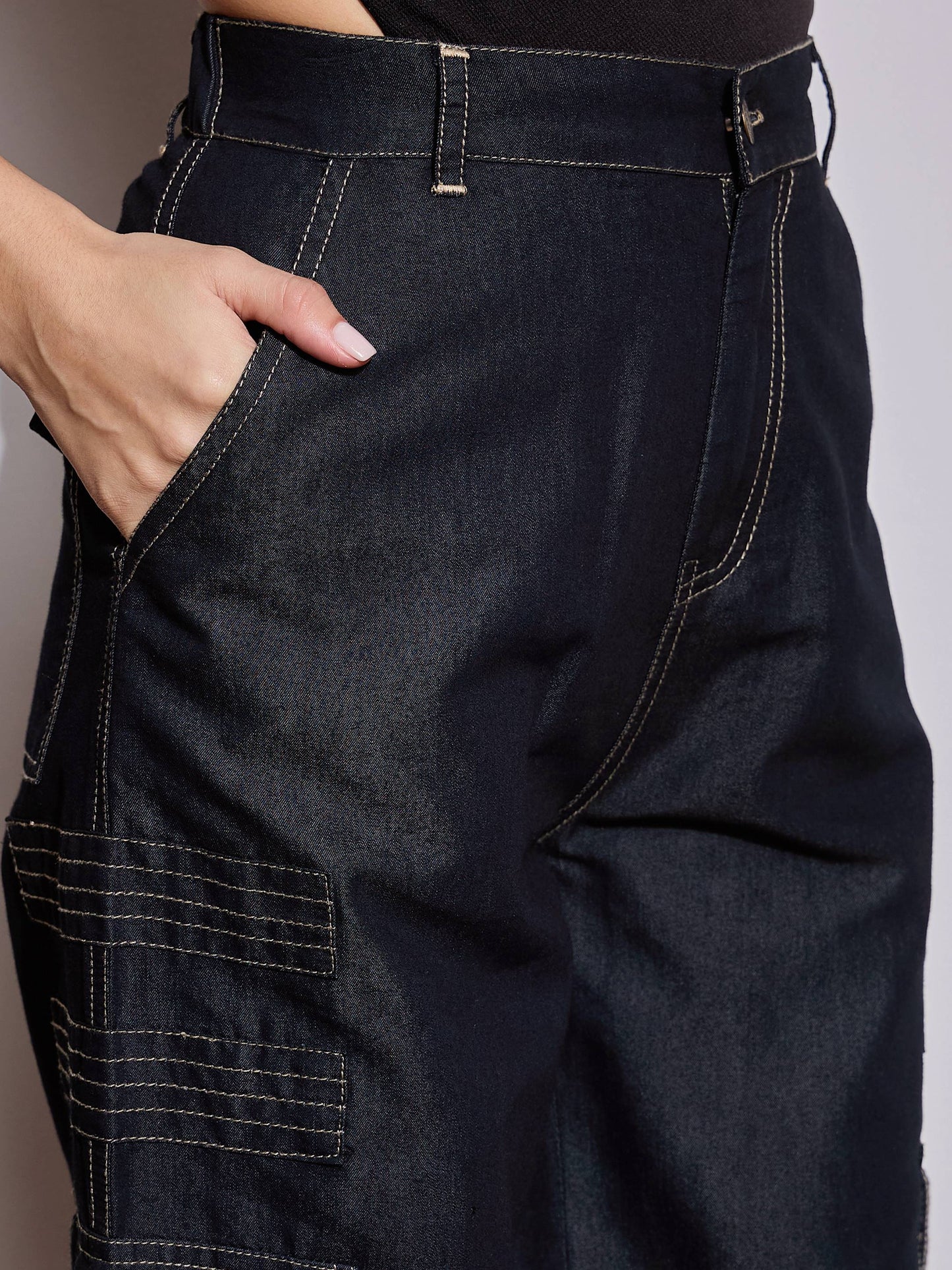 Black Tencel Contrast Stitch Cargo Pants