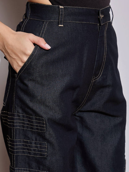 Black Tencel Contrast Stitch Cargo Pants