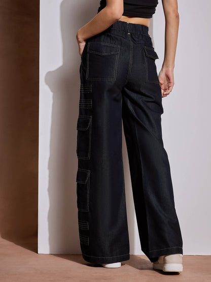 Black Tencel Contrast Stitch Cargo Pants