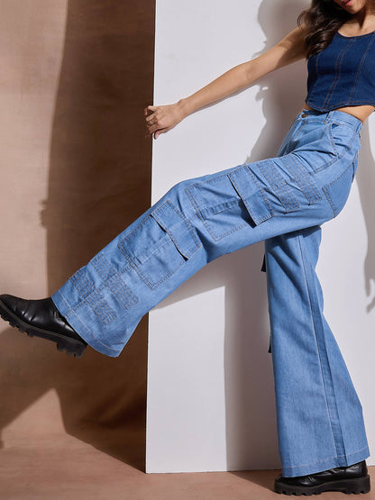 Ice Blue Tencel Contrast Stitch Cargo Pants