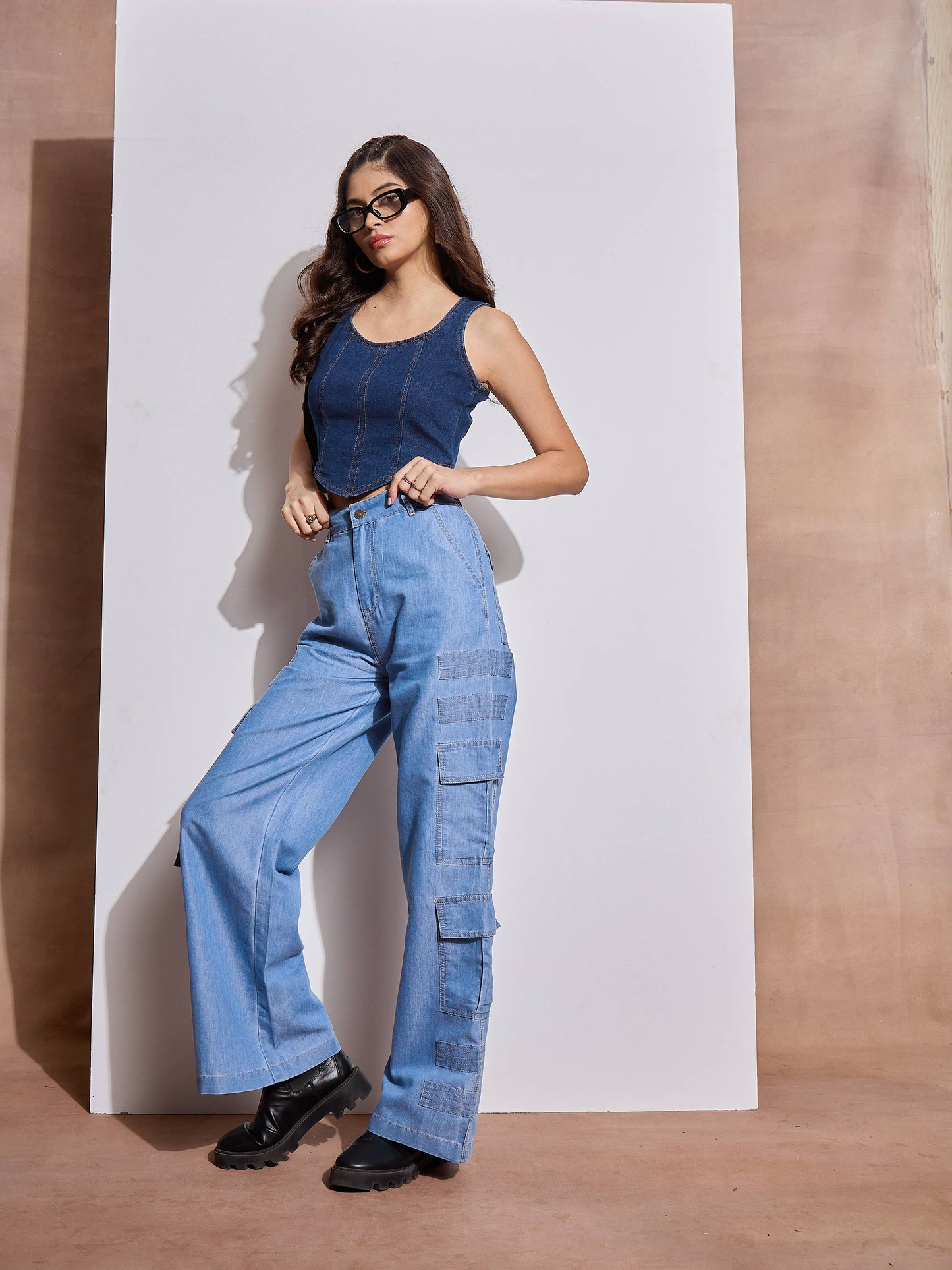 Ice Blue Tencel Contrast Stitch Cargo Pants