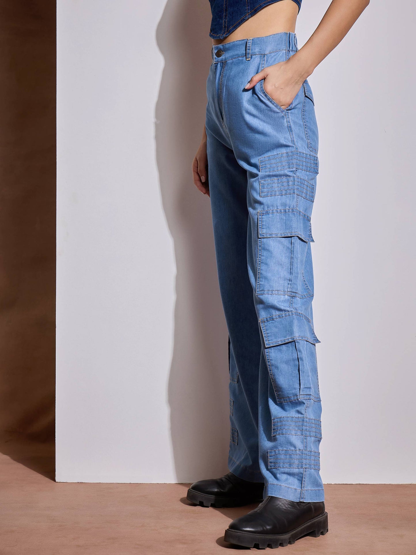Ice Blue Tencel Contrast Stitch Cargo Pants