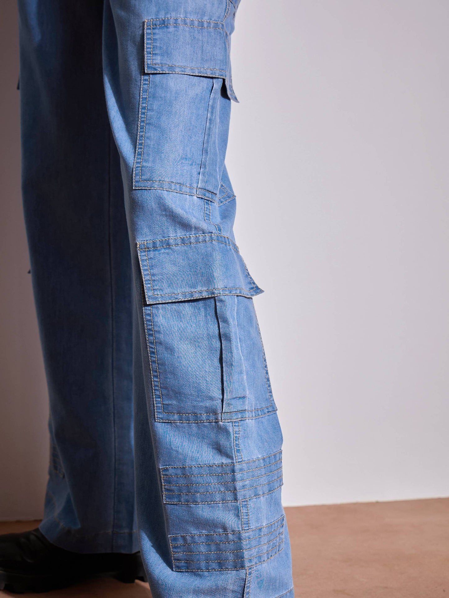 Ice Blue Tencel Contrast Stitch Cargo Pants
