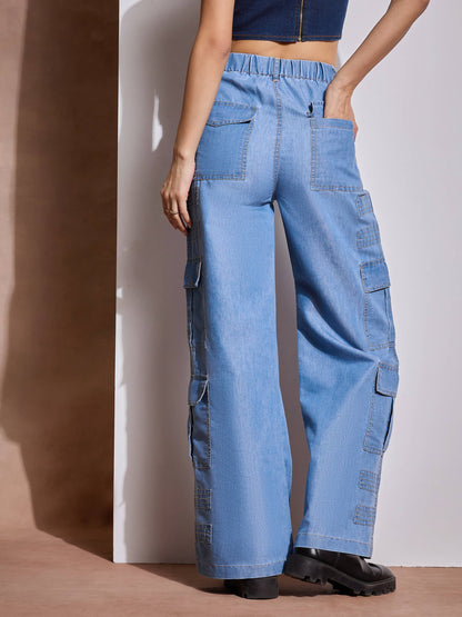 Ice Blue Tencel Contrast Stitch Cargo Pants