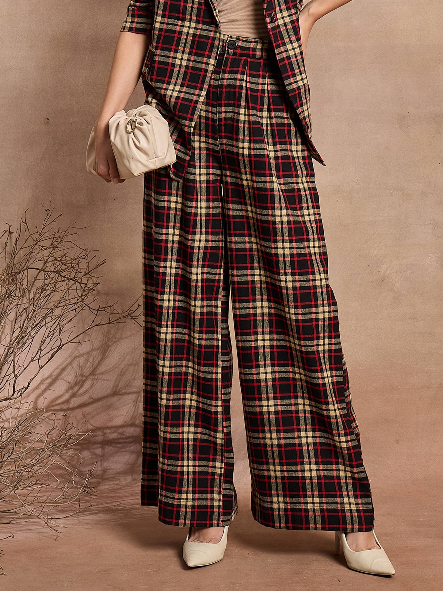 Black & Beige Check High Rise Wide Leg Pants