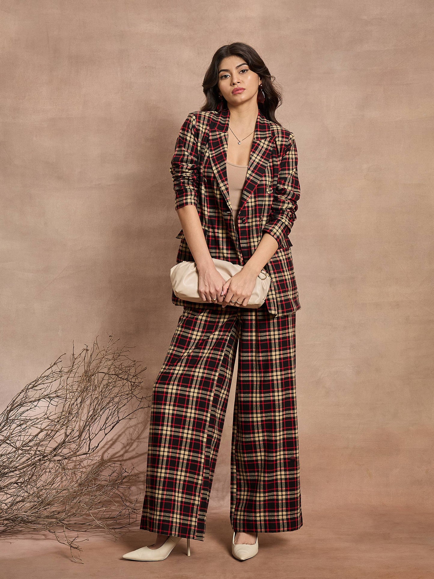 Black & Beige Check High Rise Wide Leg Pants
