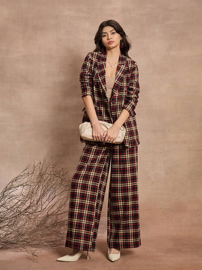 Black & Beige Check High Rise Wide Leg Pants