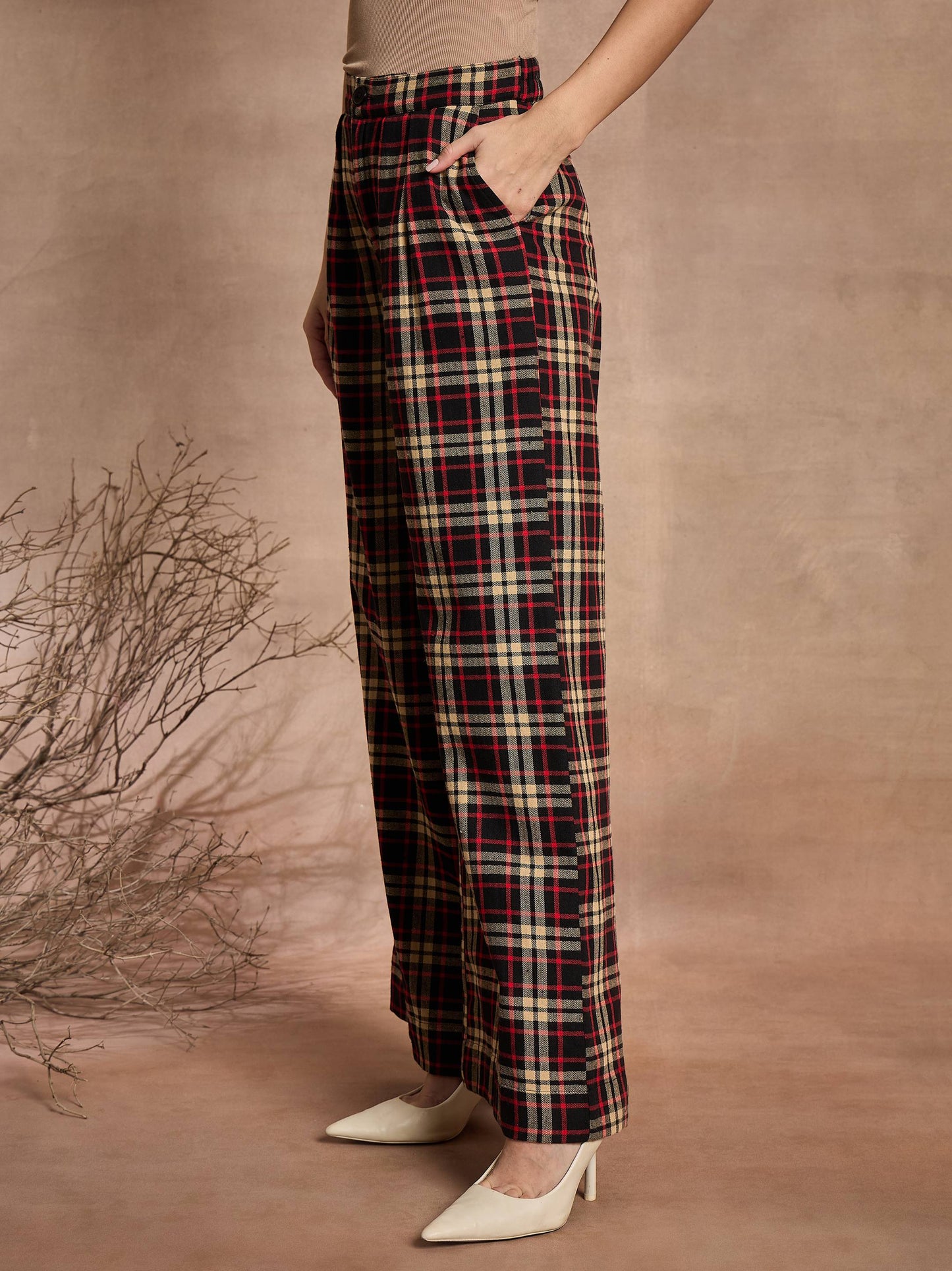 Black & Beige Check High Rise Wide Leg Pants