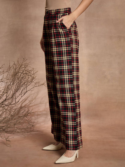 Black & Beige Check High Rise Wide Leg Pants