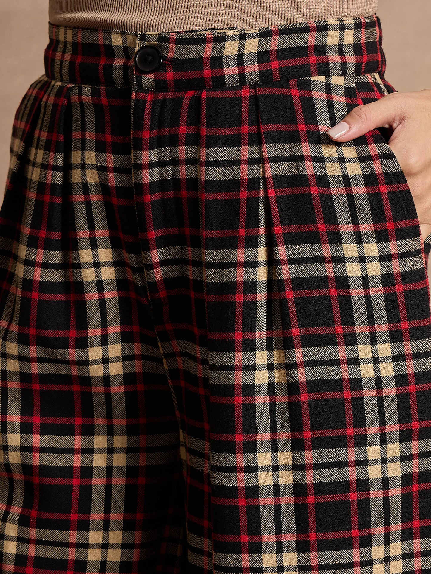 Black & Beige Check High Rise Wide Leg Pants