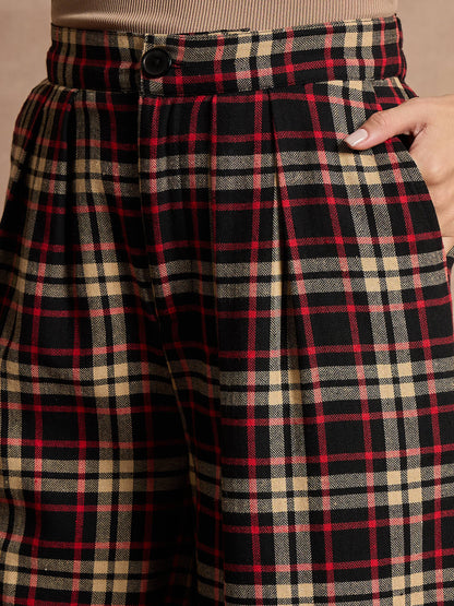 Black & Beige Check High Rise Wide Leg Pants