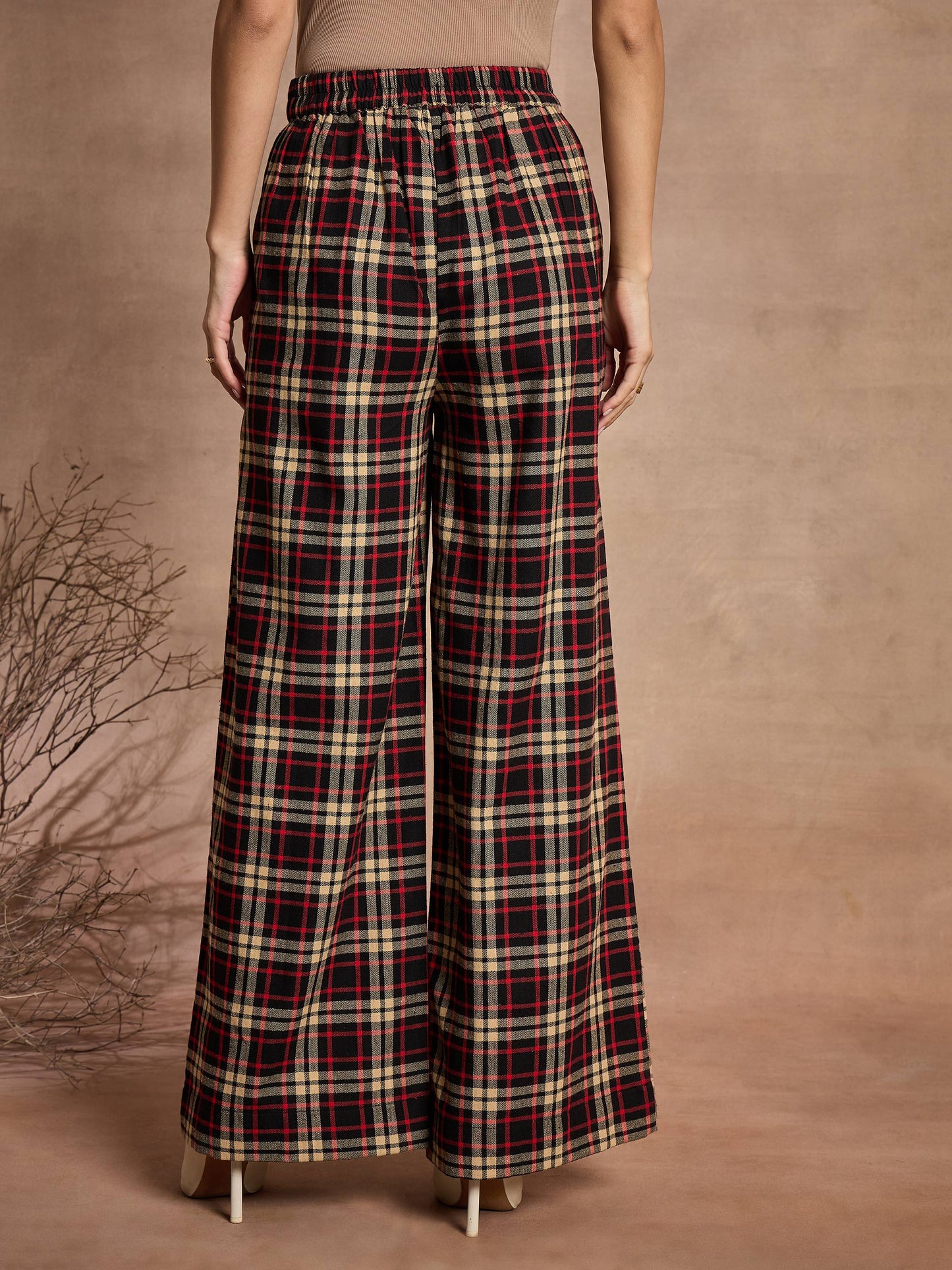 Black & Beige Check High Rise Wide Leg Pants
