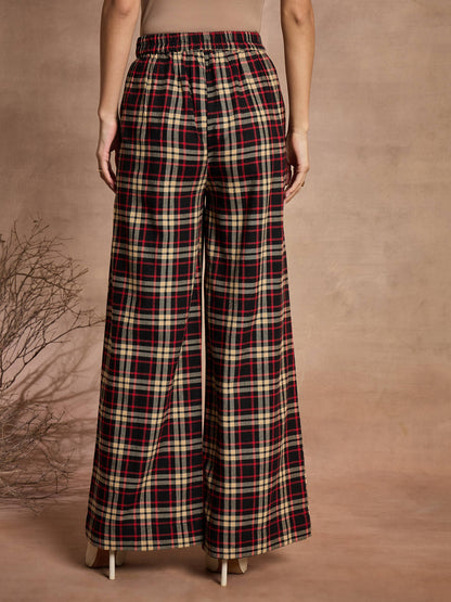 Black & Beige Check High Rise Wide Leg Pants