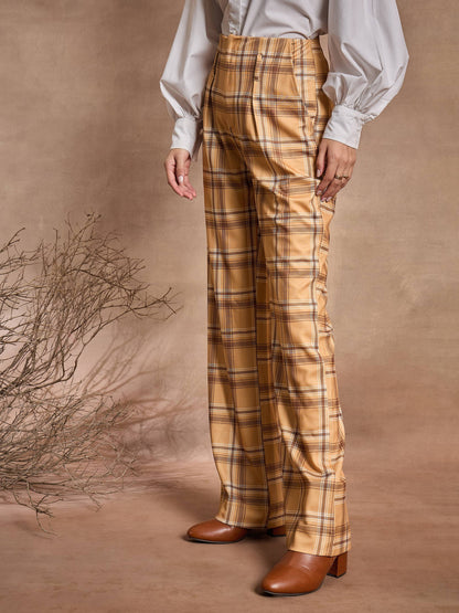 Women Beige Check High Rise Wide Leg Pants