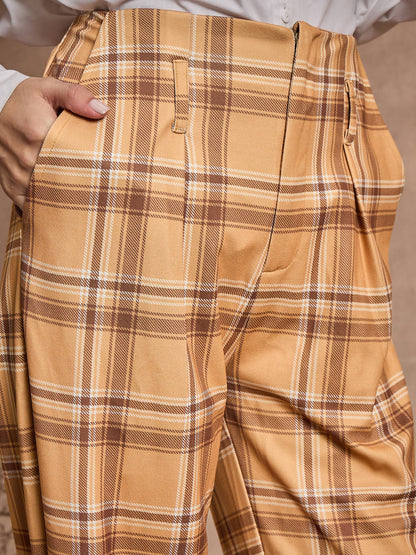 Women Beige Check High Rise Wide Leg Pants