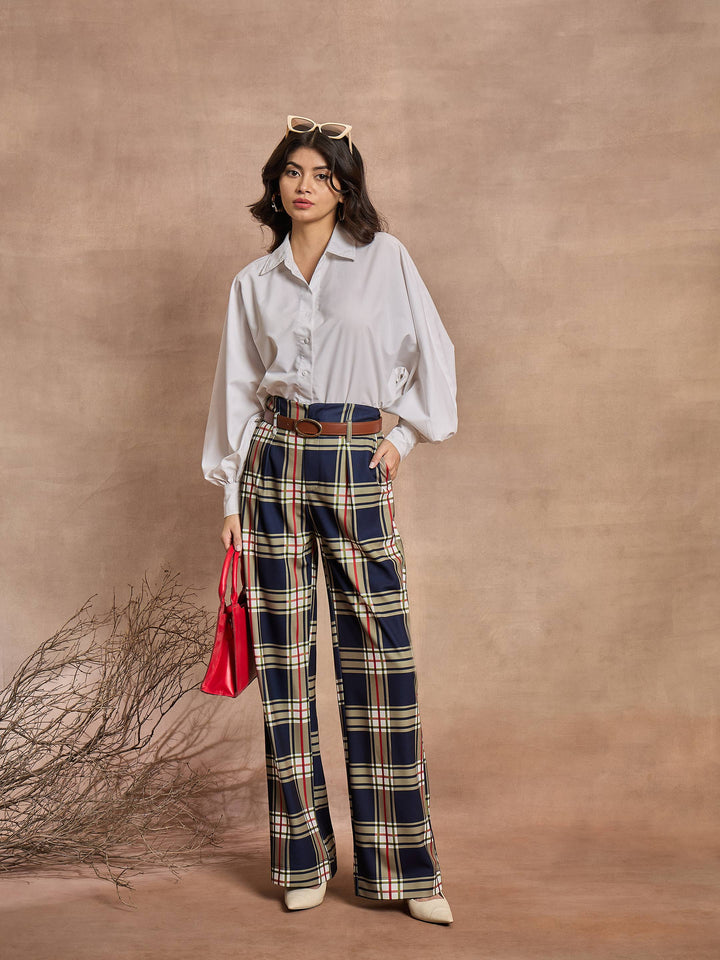 Women Navy Check High Rise Wide Leg Pants