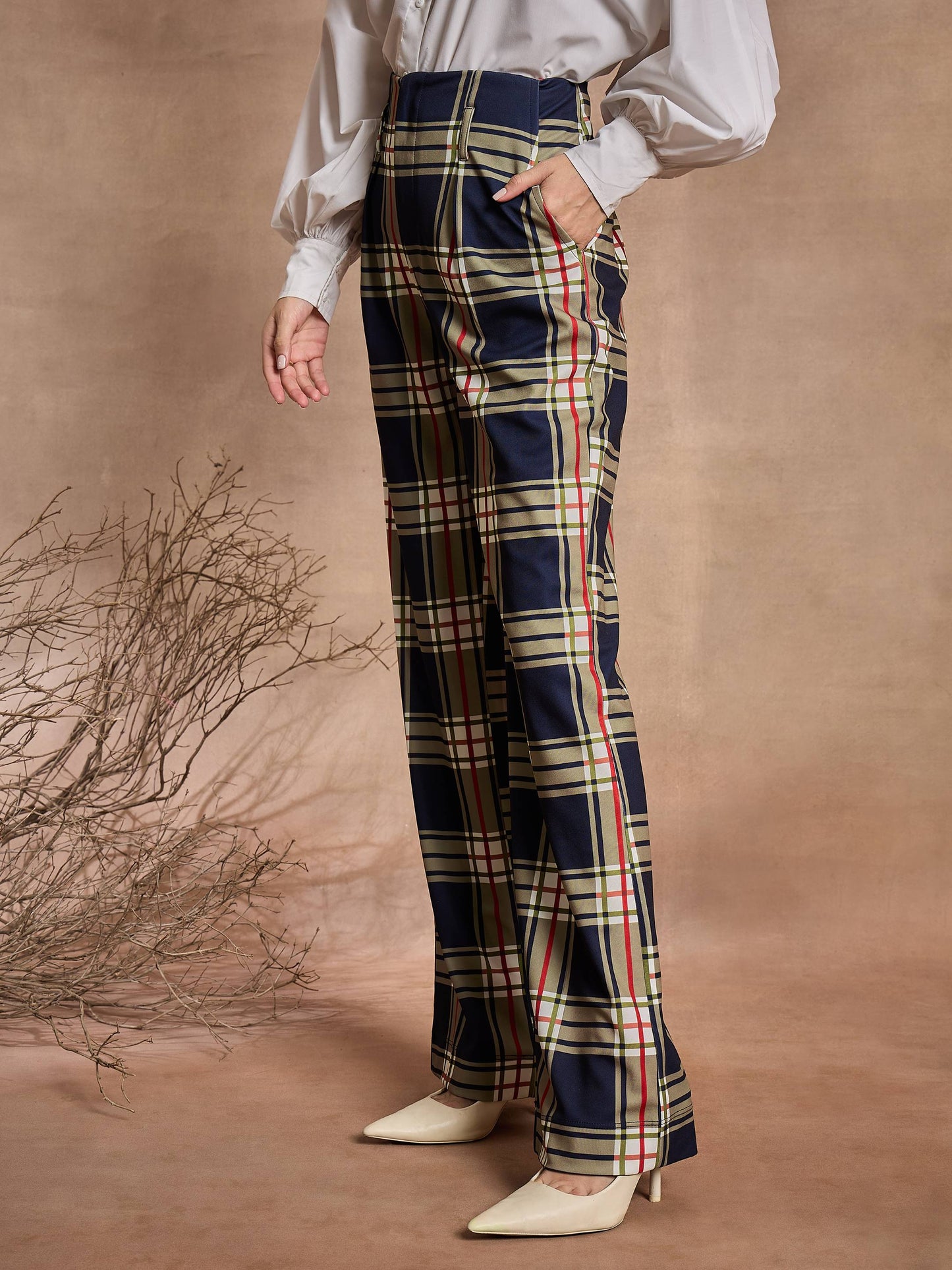 Women Navy Blue Check High Rise Wide Leg Pants