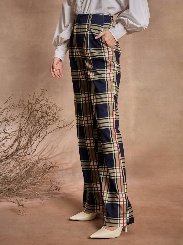 Women Navy Check High Rise Wide Leg Pants