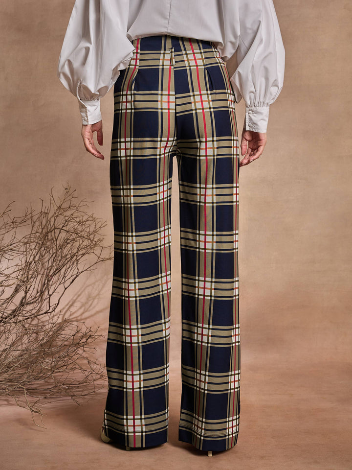 Women Navy Check High Rise Wide Leg Pants