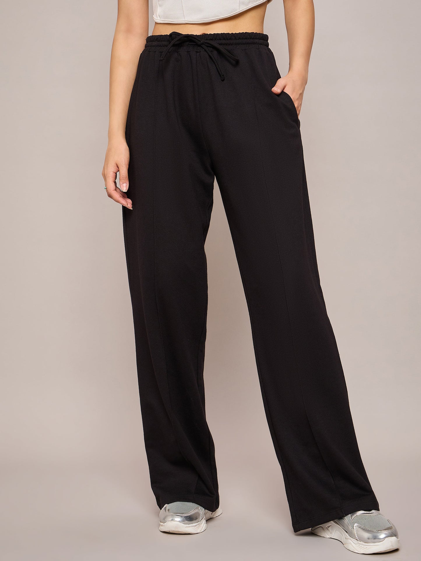 Women Black Terry Side Pockets Track Pants