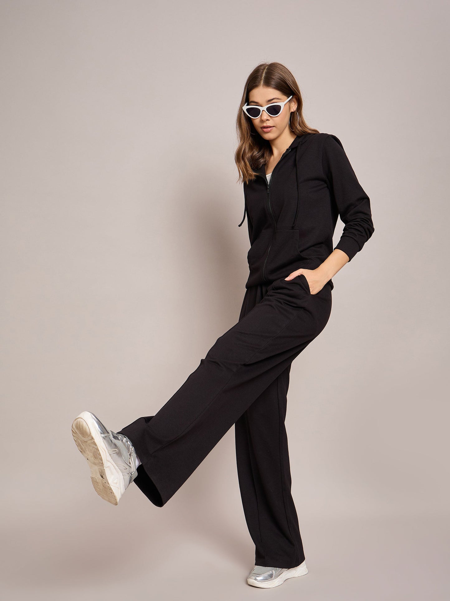 Women Black Terry Side Pockets Track Pants